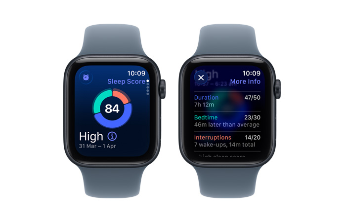 Apple Watch SE 3, sleep score, circle graph and score number, sleep stages analyses awake, REM, core and deep sleep stages
