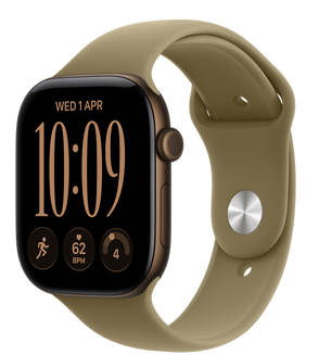 Apple Watch Series 12, aluminium case, dark bronze colour, digital clock face, complications: day and date, Workouts, heart rate, readiness, Sport Band, olive colour