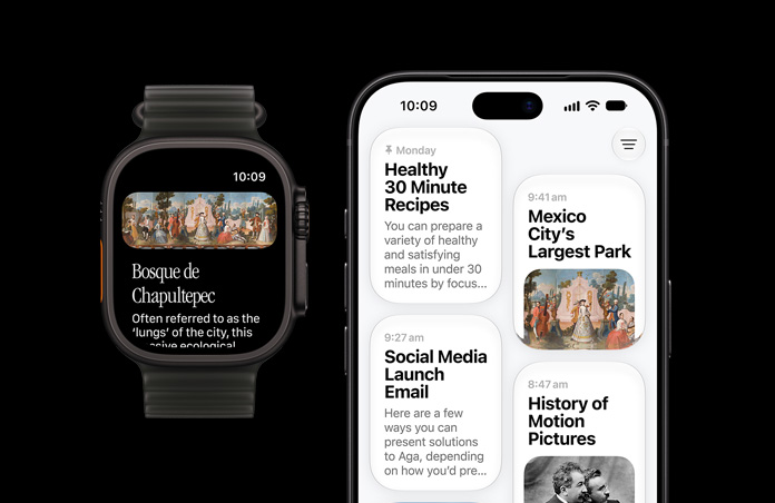 Apple Watch Ultra 4, titanium case, black color, Siri conversation, Ocean Band, translucent black color, iPhone with a range of different Siri conversations