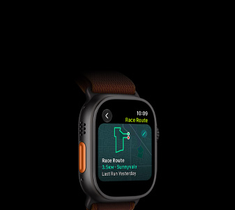 Apple Watch Ultra 4, titanium case, black colour, Race Route feature with a map of a running route, left side exterior, Action button, Alpine Loop band, burgundy colour