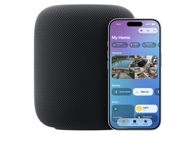 A Midnight HomePod with iPhone showing 'My Home' UI on the Home app