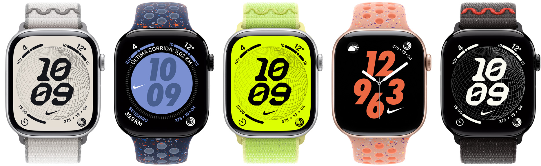 Aparelhos Apple Watch, pulseiras Nike: pulseira loop esportiva Nike Veiled Grey, pulseira esportiva Nike Blue Ribbon, pulseira loop esportiva Nike Volt Splash, pulseira esportiva Nike Alpenglow Pink, pulseira esportiva Nike preta meia-noite, mostradores Nike: Globe, Híbrido, Bounce, Digital