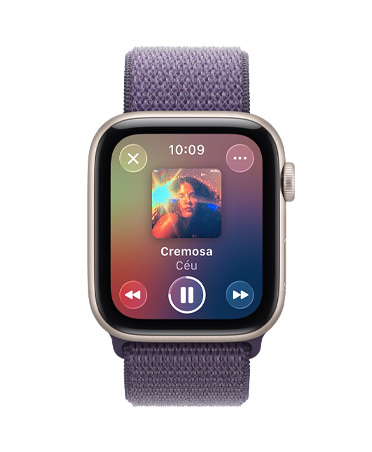 Apple Watch SE 3 com caixa estelar de alumínio e pulseira loop esportiva roxo-névoa, reprodução de mídia, Apple Music, Digital Crown no lado direito