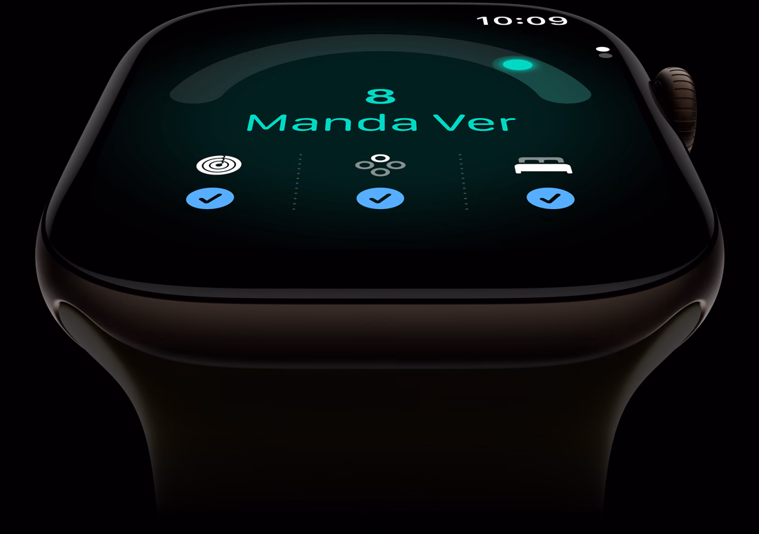 Apple Watch Series 12 com caixa bronze-escura de alumínio e pulseira esportiva oliva, pontuação de Prontidão de 8, Digital Crown no lado direito