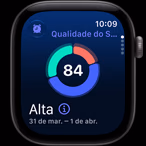Apple Watch Series 12 com caixa cinza-espacial de alumínio, gráfico circular com a pontuação do sono, Digital Crown no lado direito
