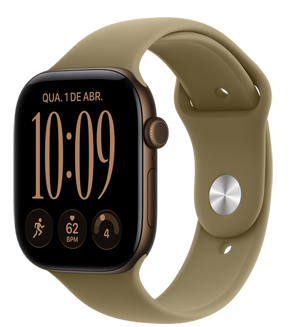 Apple Watch Series 12 com caixa de alumínio bronze-escuro, mostrador digital, complicações: data e dia, Exercícios, frequência cardíaca, Prontidão, pulseira esportiva oliva