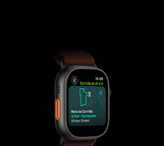 Apple Watch Ultra 4, titanium case, black color, Race Route feature with a map of a running route, left side exterior, Action button, Alpine Loop band, burgundy color