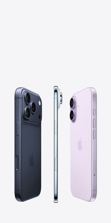 Parte de trás do iPhone 17 Pro com o sistema de câmera Fusion Pro na parte superior, iPhone Air com a lateral muito fina em titânio e parte de trás do iPhone 17 com o sistema avançado de câmera dupla no canto superior esquerdo