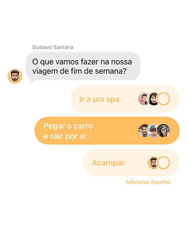 Close do novo recurso enquetes no Mensagens, com as pessoas do chat votando para escolher o local da viagem de fim de semana