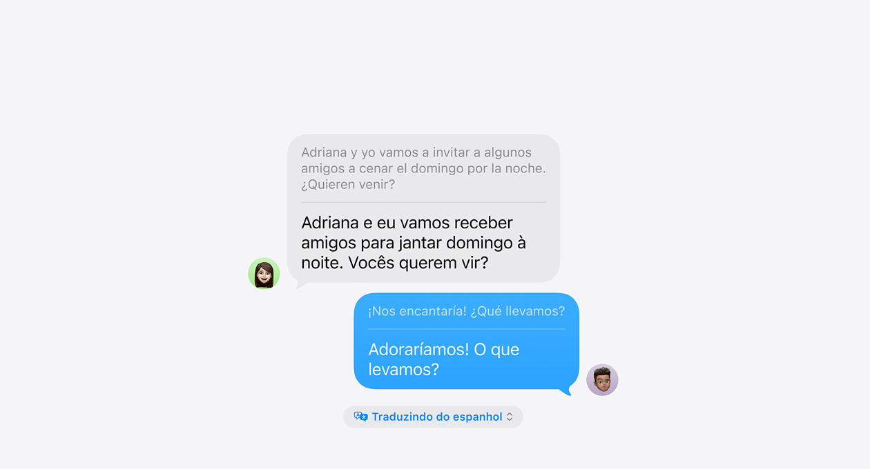 Tradução ao Vivo no Mensagens, mostrando um exemplo de tradução automática entre espanhol e inglês.