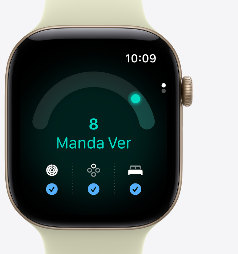 Apple Watch Series 12 com caixa dourada-clara de alumínio, app Prontidão, pontuação de Prontidão com 8, mensagem que diz "Manda ver", círculos de Atividade, Sinais Vitais e métricas de pontuação do sono com marcas de verificação azuis na parte inferior da tela
