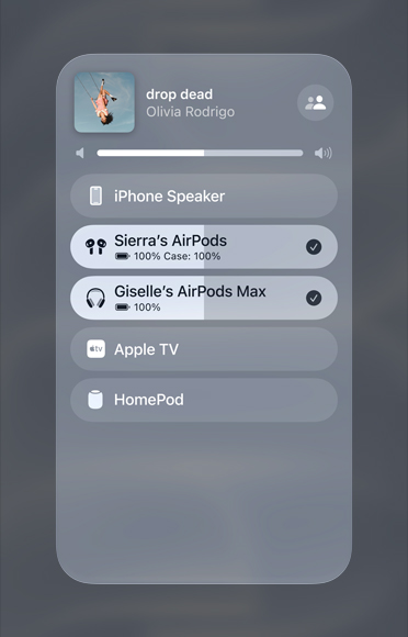 Image of a song on Apple Music playing on two different sets of AirPods.