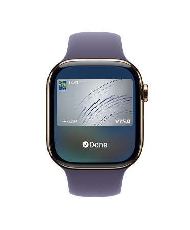 Apple Watch Series 11, gold colour, titanium case, Apple Pay, right side exterior, Digital Crown, purple fog Sport Band