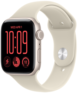 Apple Watch SE 3, aluminum case, starlight colour, Modular watch face, complications: day and date, Workouts, Activity rings, temperature, right side exterior, Digital Crown, side button, Sport Band, sand colour