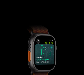 Apple Watch Ultra 4, titanium case, black color, Race Route feature with a map of a running route, left side exterior, Action button, Alpine Loop band, burgundy color