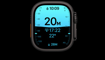 Apple Watch Ultra 4, titanium case, black colour, Depth app showing diving metrics, right side exterior, Digital Crown, raised side button
