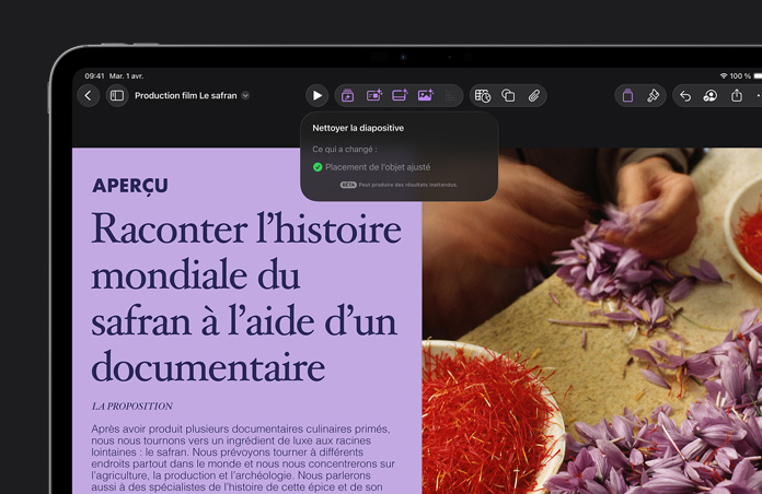 Écran d’iPad Pro 13 pouces, interface de Keynote, diapositive de résumé violette, fonctionnalité de nettoyage de diapositive