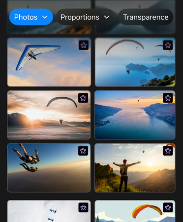 Écran affichant huit images de personnes en plein vol de parapente, boutons Photos, Proportions et Transparence dans le haut