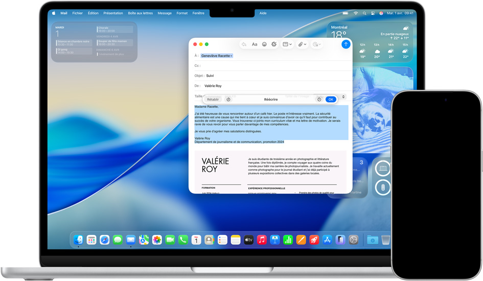 Mac montrant les outils d’écriture et iPhone montrant des messages avec la traduction en direct