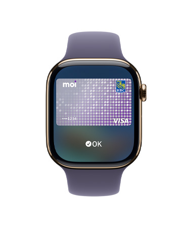Apple Watch Series 11, or, boîtier en titane, Apple Pay, côté droit extérieur, Digital Crown, bracelet sport brume violette