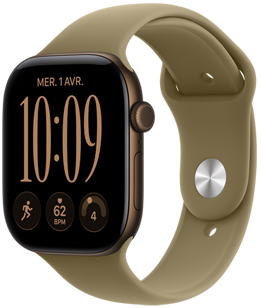 Apple Watch Series 12, boîtier en aluminium, couleur bronze foncé, cadran Modulaire, complications : jour et date, entraînements, fréquence cardiaque, préparation, côté droit, couronne Digital Crown, bouton latéral, bracelet sport, couleur olive