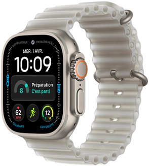 Apple Watch Ultra 4, boîtier en titane, couleur naturel, cadran d’horloge numérique, complications : jour et date, préparation, fréquence cardiaque, entraînements, température, coté droit, couronne Digital Crown, bouton latéral surélevé, bracelet Océan, couleur gris translucide