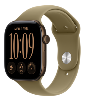 Apple Watch Series 12, boîtier en aluminium, couleur bronze foncé, cadran d’horloge numérique, complications : jour et date, exercice, fréquence cardiaque, préparation, bracelet sport, couleur olive