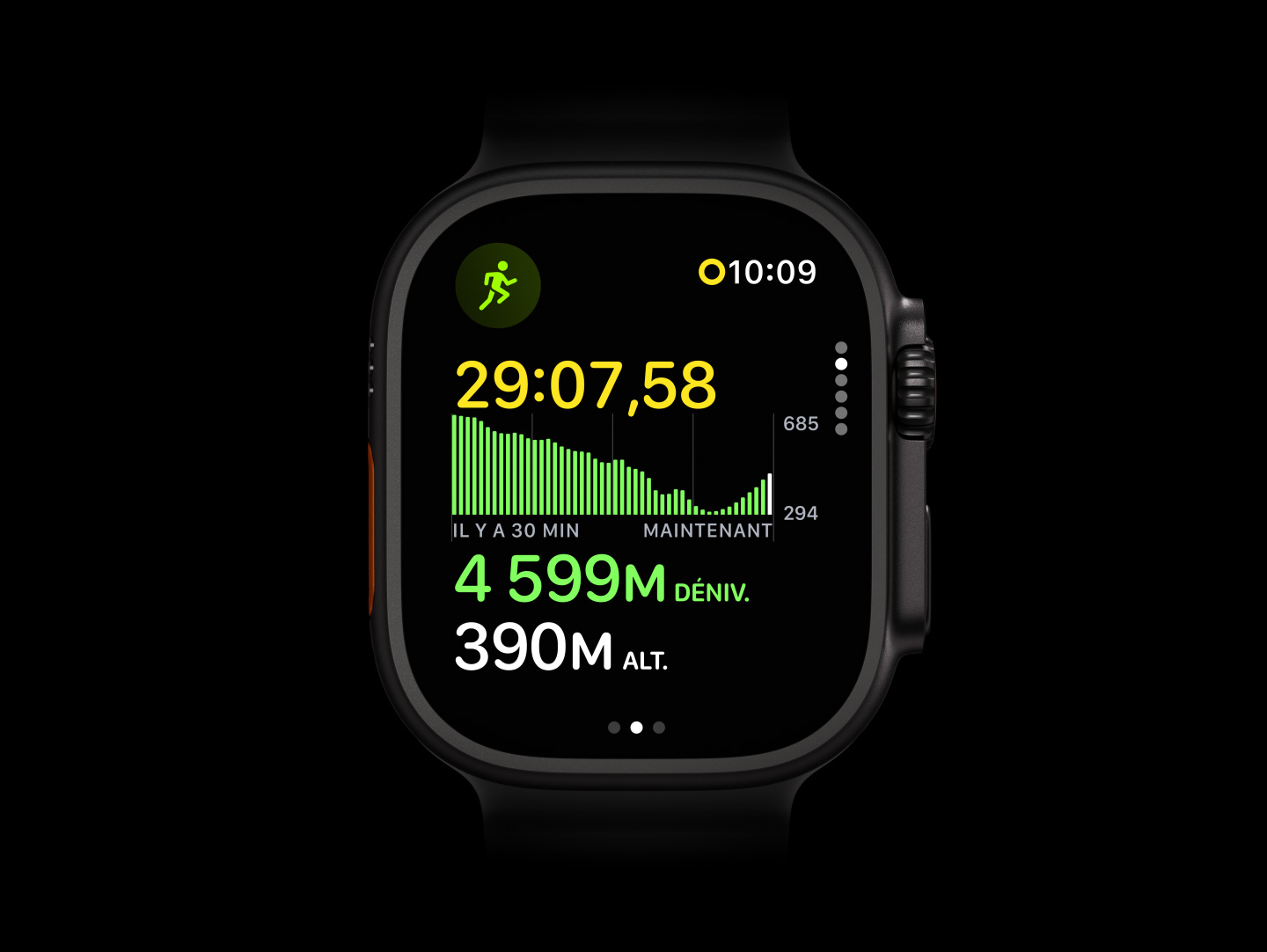 Apple Watch Ultra 4, boîtier en titane, noir, dos de la montre avec le système de suivi de santé à DEL vertes illuminées