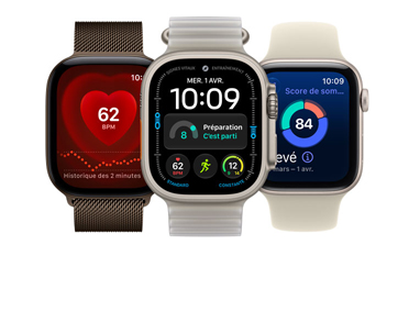 Trois Apple Watch, une Apple Watch Series 12, boîtier en aluminium, couleur bronze foncé, app Fréquence cardiaque, bracelet milanais bronze foncé; une Apple Watch Ultra 4, boîtier en titane, couleur naturel, cadran modulaire avec les complications Préparation, Fréquence cardiaque, Entraînements et Index UV, côté droit, couronne Digital Crown, bouton latéral surélevé, bracelet Océan, couleur varech translucide; une Apple Watch SE 3, boîtier en aluminium, couleur comète, score de sommeil, côté droit, couronne Digital Crown, bracelet sport de couleur sable
