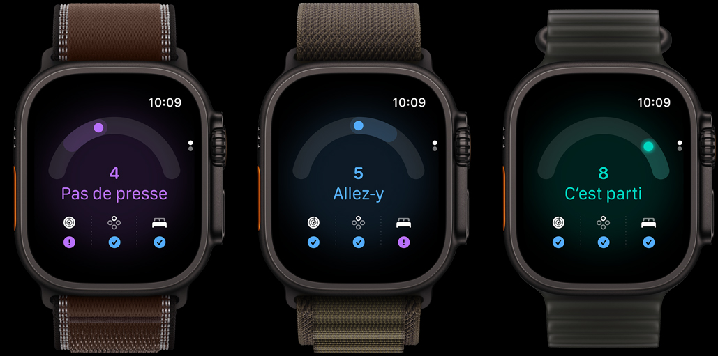 Trois Apple Watch Ultra 4 : boîtier en titane noir, score de préparation de 4, bracelet Sentier ombre foncé, boîtier en titane noir, score de préparation de 5, bracelet Alpin olive foncé, boîtier en titane noir, score de préparation de 8, bracelet Océan noir translucide