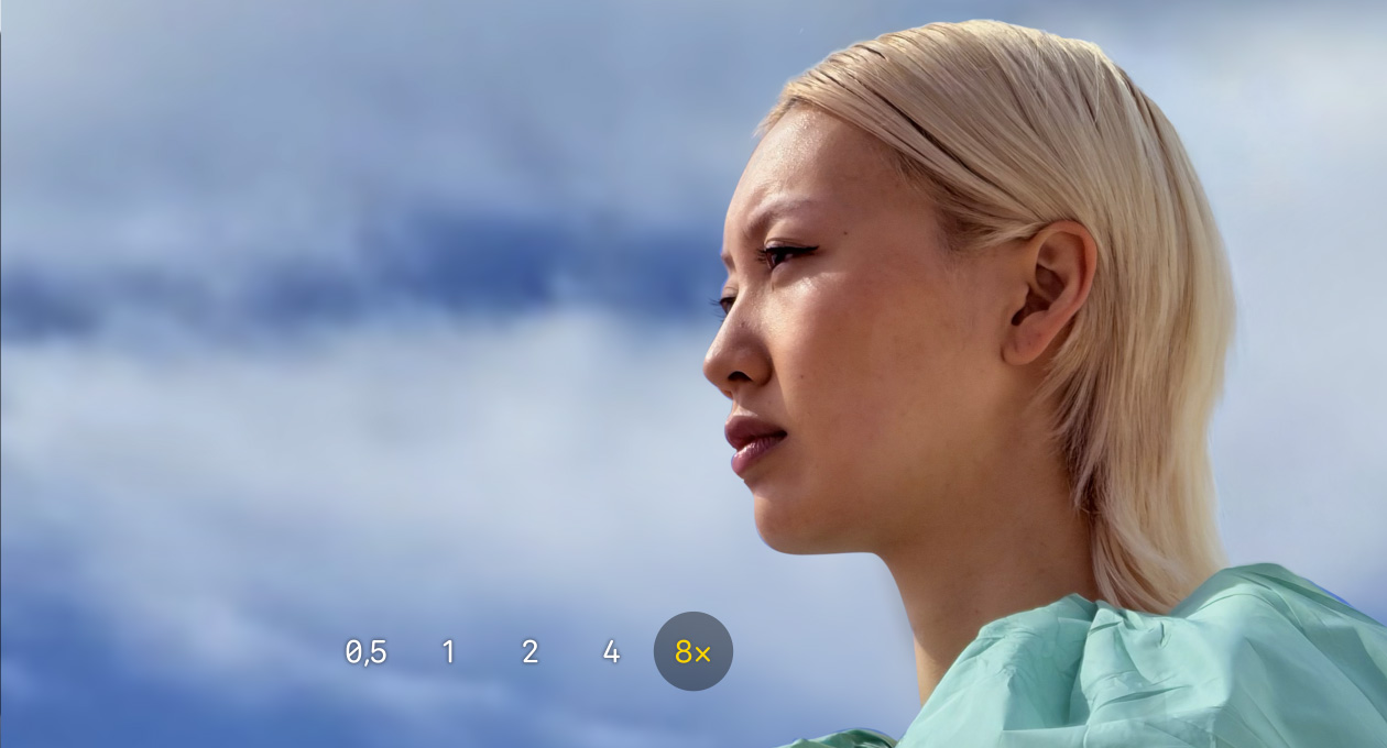 App Appareil photo sur iPhone 17 Pro, zoom optique 0,5x, 1x, 2x, 4x et 8x, le zoom 8x étant sélectionné.