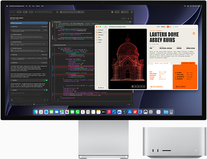 Studio Display XDR, écran affichant un document en cours de création dans Claude Agent dans XCode, Mac Studio, vue avant