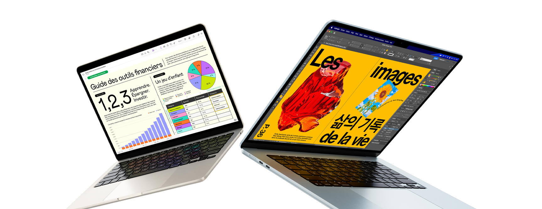 Animation montrant un MacBook Air 13 pouces et un MacBook Air 15 pouces s’élevant dans les airs – l’écran de l’un montre un projet en cours dans Numbers, celui de l’autre montre un projet de design