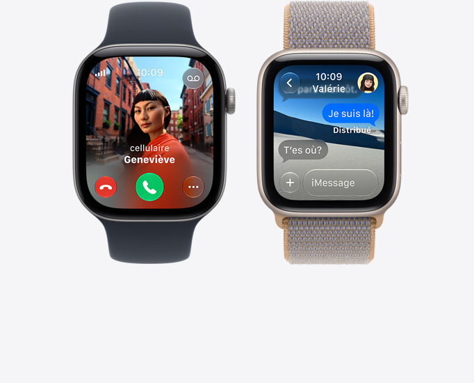 Deux Apple Watch Series 12, écrans : appel entrant, photo de contact, boutons pour accepter ou refuser l’appel, conversation iMessage, bracelet sport, couleur noir, et bracelet sport à rabat, couleur bleu chambray (bleu-gris pâle)