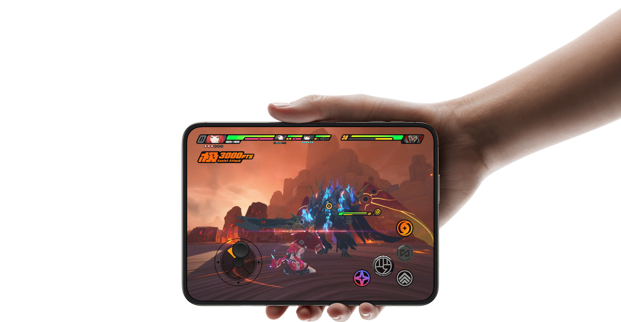 iPhone Duo, opened in horizontal position, Detail, an AI editing app, shown on inner display