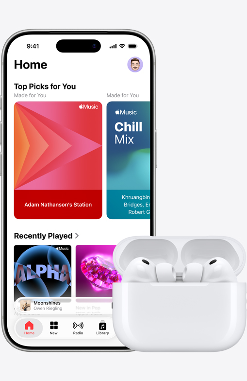 iPhone 17 Pro, front exterior, Apple Music app with Home Screen open, next to AirPods Pro 3 in open MagSafe Charging case