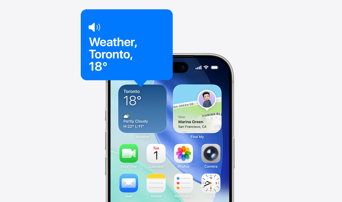 iPhone home screen, icon of weather widget being read aloud with VoiceOver