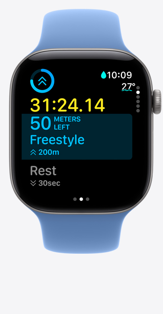 Apple Watch Series 12, aluminum case, space grey colour, Workout screen tracks Pool Swim, metrics onscreen, Sport Band, wildflower blue colour