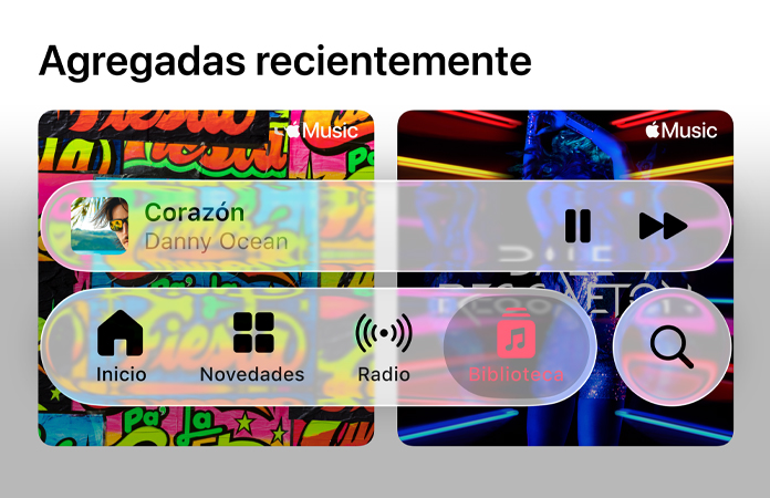Los controles translúcidos de Apple Music refractan el fondo
