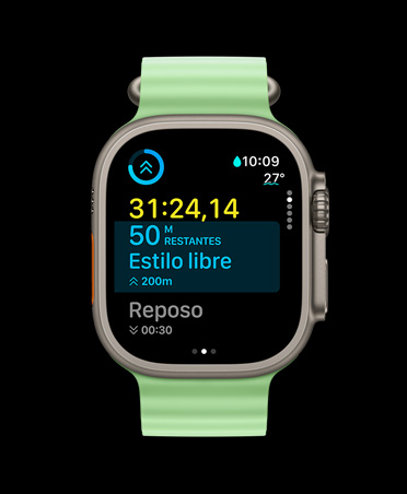Apple Watch Ultra 3, color natural, caja de titanio, app Entrenamiento, datos de un entrenamiento personalizado, vista A Continuación, correa Ocean verde neón
