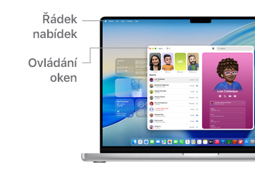 Ukázka navigace macOS na 14palcovém MacBooku Pro; čára znázorňuje umístění Docku.