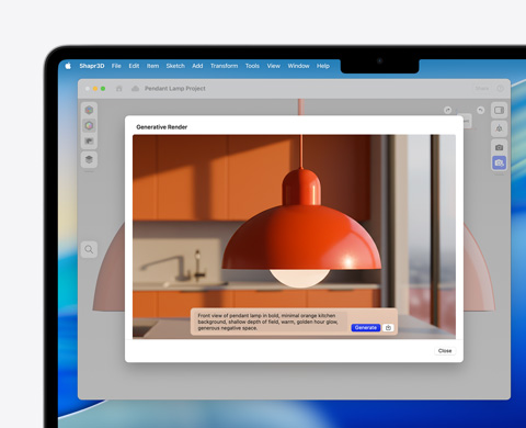 Okno Image Playground s obrázkem stropní lampy a s textovým promptem k rendrování