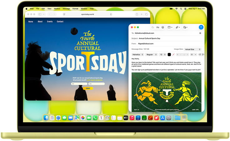 Citrusově žlutý MacBook&nbsp;Neo, uživatel má rozepsaný e‑mail s pozvánkou na uměleckou výstavu, ke které je vedle otevřený web