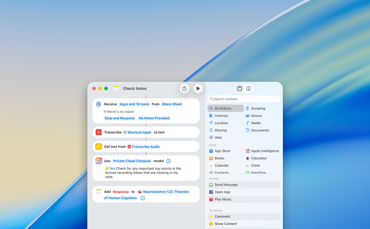 Pohled zblízka na vytváření zkratky s akcí Použít model v aplikaci Poznámky