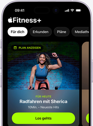 Die Apple Fitness+ App auf einem iPhone zeigt den Tab „Für dich“ mit einem empfohlenen Radtraining