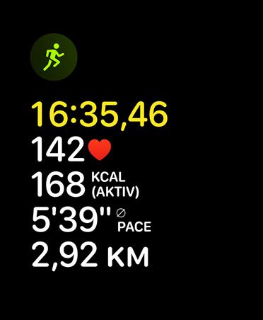 Karte Lauftraining, Laufsymbol, Messwerte: Zeit, Herzfrequenz, Rollende Pace, durchschnittliche Pace, Strecke