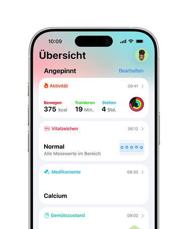 Angepinnte Zusammenfassung von Gesundheitsdaten auf dem iPhone