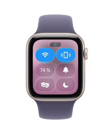 Apple Watch SE 3, Aluminiumgehäuse, Farbe Polarstern, Kontrollzentrum, iPhone anpingen Symbol, rechte Seitenansicht, Digital Crown, Sportarmband, Farbe Nebelviolett