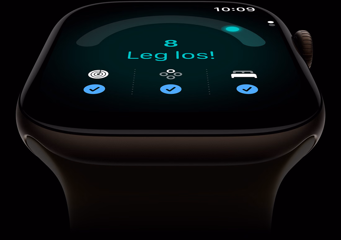 Apple Watch Series 12, Aluminiumgehäuse, Farbe Dunkelbronze, Tagesformwert 8, rechte Seitenansicht, Digital Crown, Sportarmband, Farbe Oliv