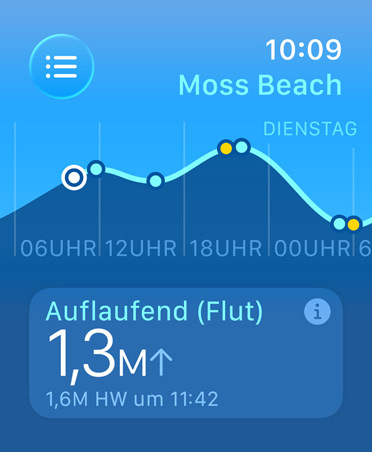 Gezeiten App, Messwerte: Ebbe und Flut, Hochwasser und Niedrigwasser, Liniendiagramm mit geschätzten Zeiten und Wasserständen